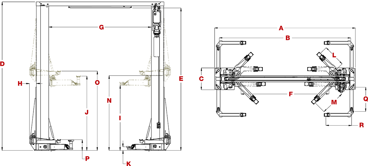 BendPak OctaFlex 12DPS Two-Post Service Lift Diagram
