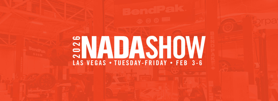 BendPak NADA Show 2026 banner promoting the Las Vegas event, February 3–6, featuring automotive lifts on display.