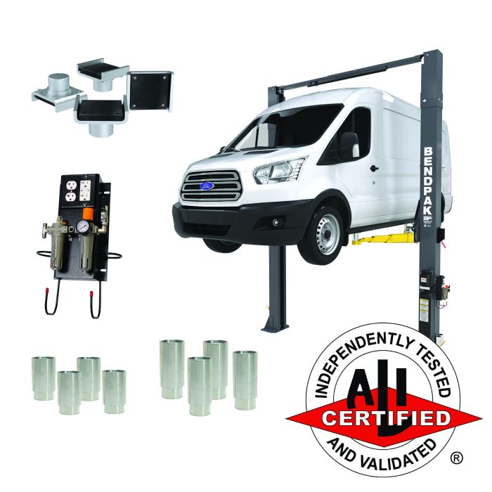 BendPak 10APX two-post lift Pro Package with frame cradle pads, adapters, air kit, and ALI Certified components shown with a cargo van.