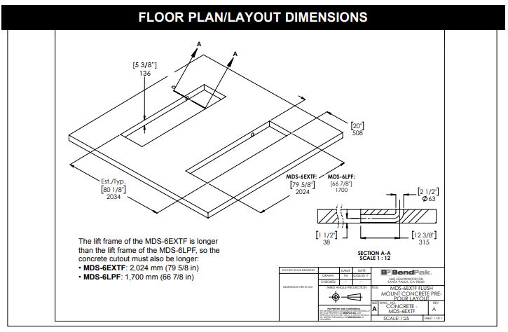 MDS flush-mount lift concrete floor dimensions
