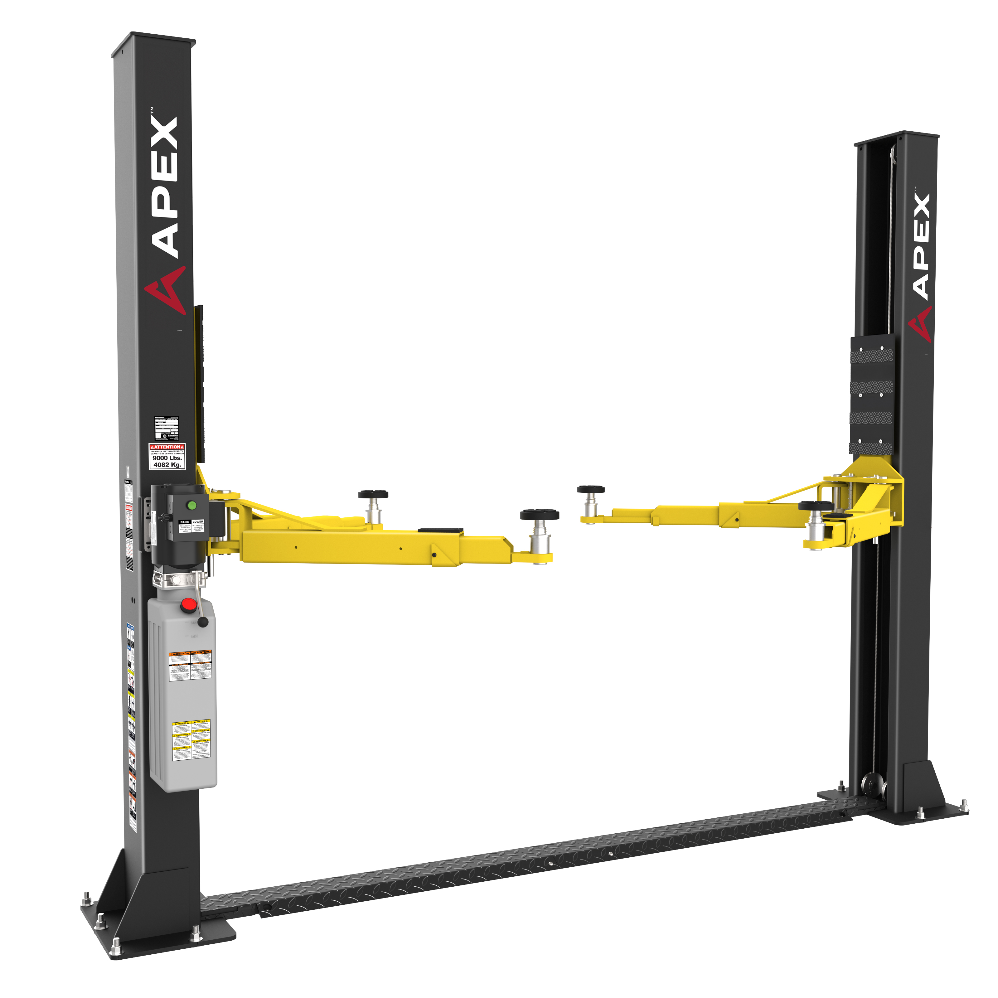 APEX™ by BendPak introduces the AL9LC two-post floorplate car lift. The versatile lift easily raises most vehicles weighing up to 9,000 pounds, from sports cars to pickups. 