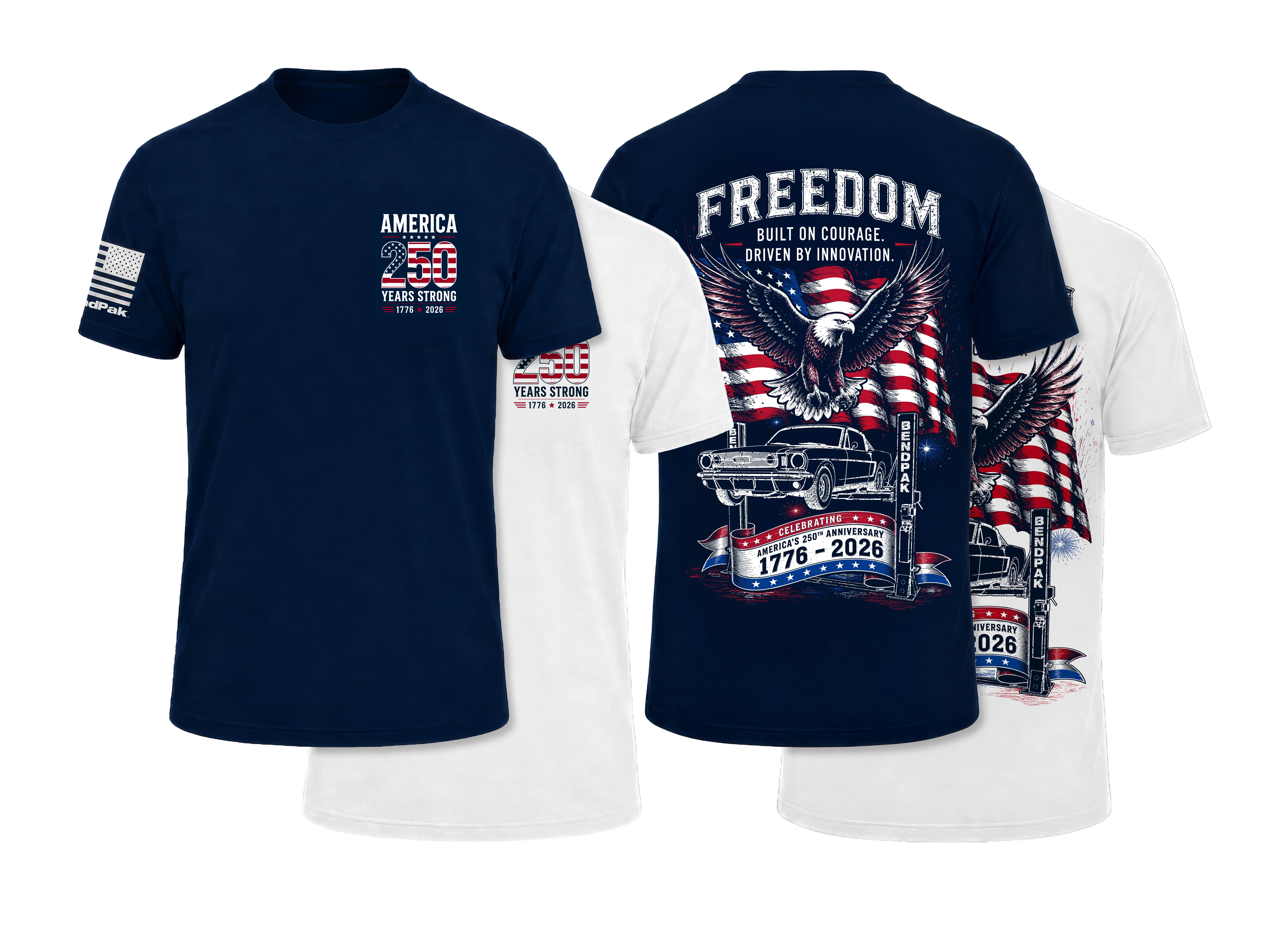 The limited-edition America 250 Commemorative T-Shirt from BendPak celebrates 250 years of American freedom and car culture. Available at BendPak.com/America250.