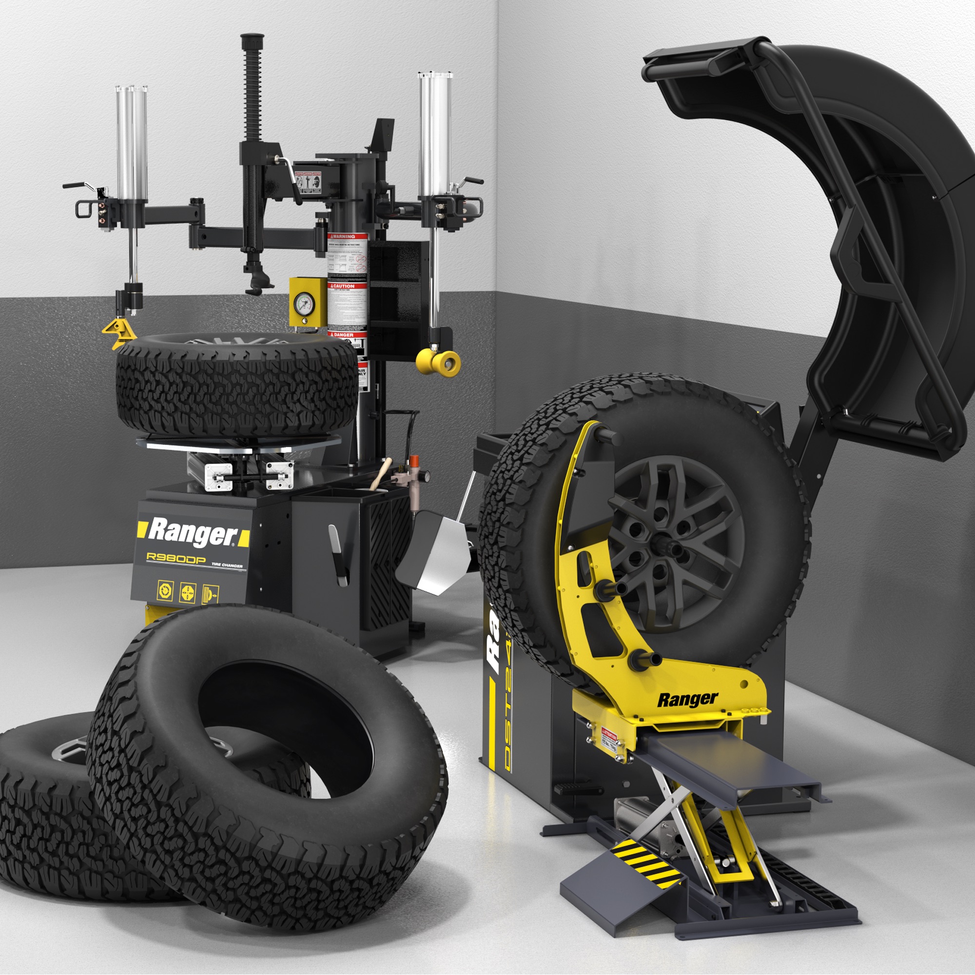 Ranger RWL175 in use lifting a heavy tire beside a tire changer, improving safety and efficiency in wheel service operations.