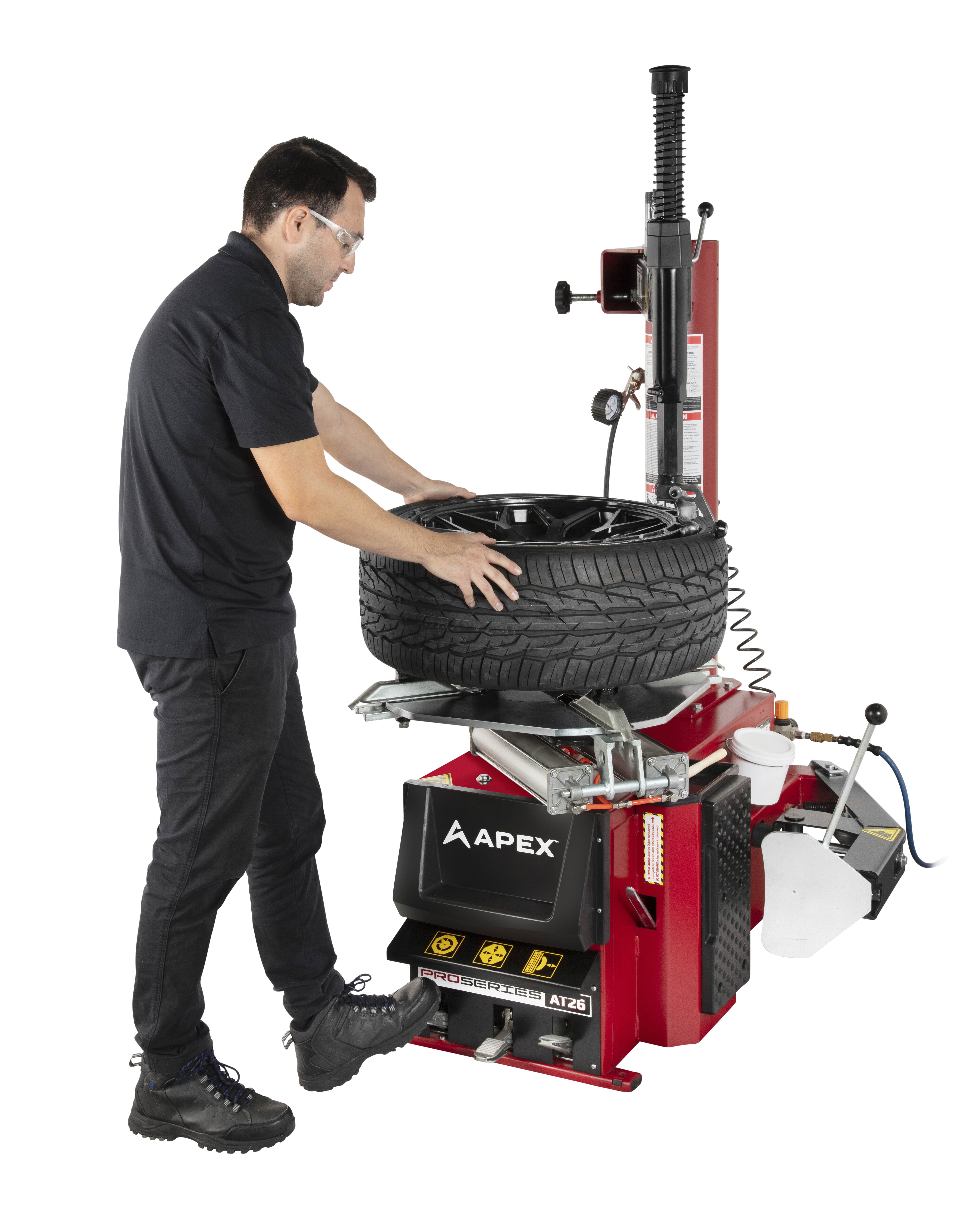 See the APEX AT26 tire changer in action mounting and demounting today's larger wheels and low-profile tires.