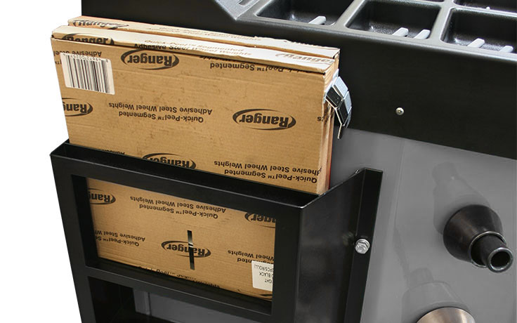 Integrated tape weight feeder on DST30PX wheel balancer for organized adhesive weights