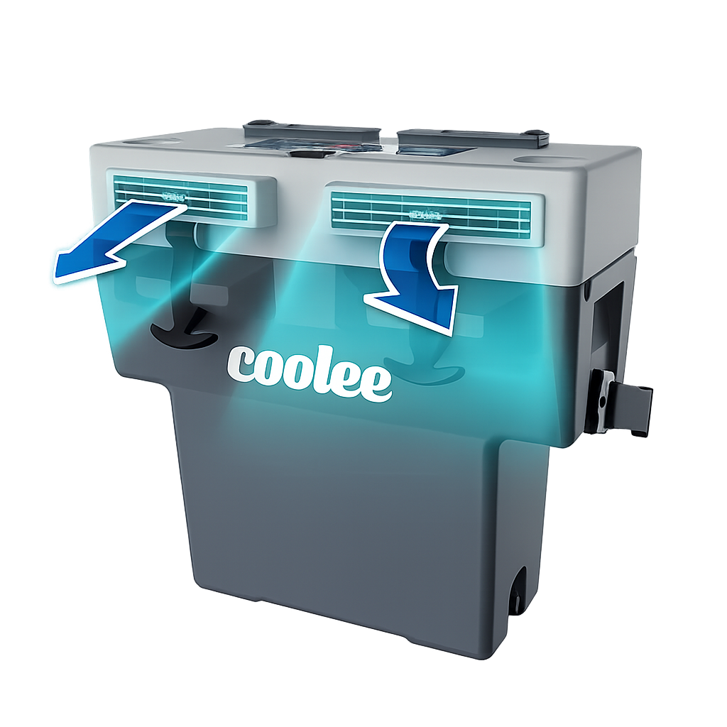 Coolee Tour LX portable golf cart air conditioner with built-in cooler and Bluetooth audio