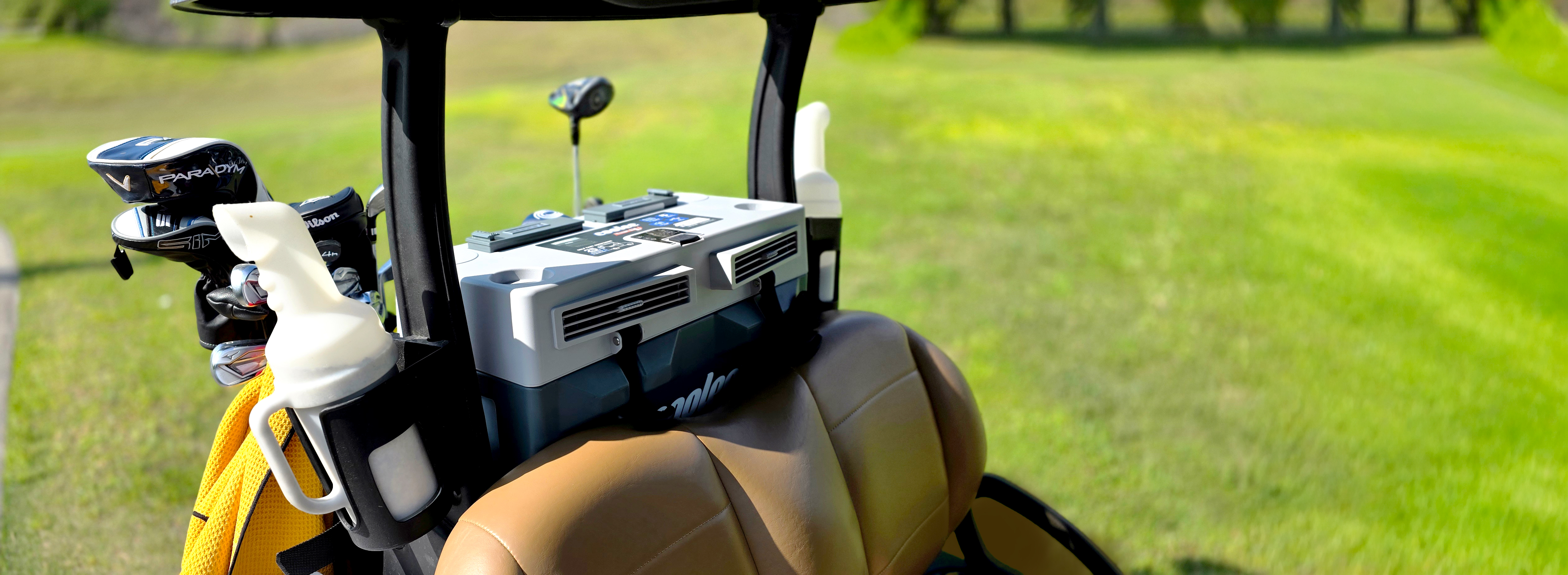 Coolee Tour LX portable golf cart air conditioner with built-in cooler and Bluetooth audio
