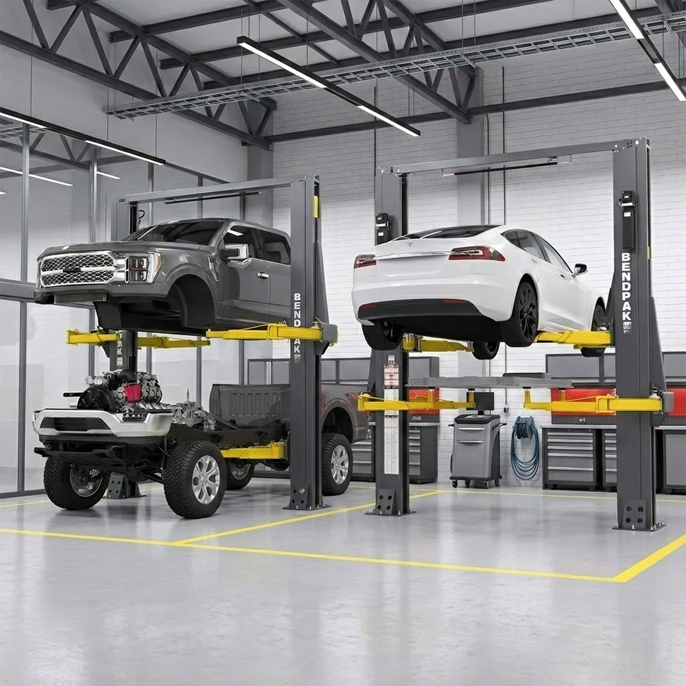 BendPak OctaFlex 8-arm lift supporting vehicle and components during service in automotive shop